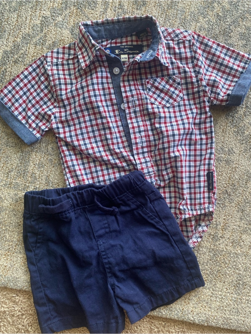 Ben Sherman Red, Navy & White Plaid Short Sleeve Button-Front Shirt w/ Shorts